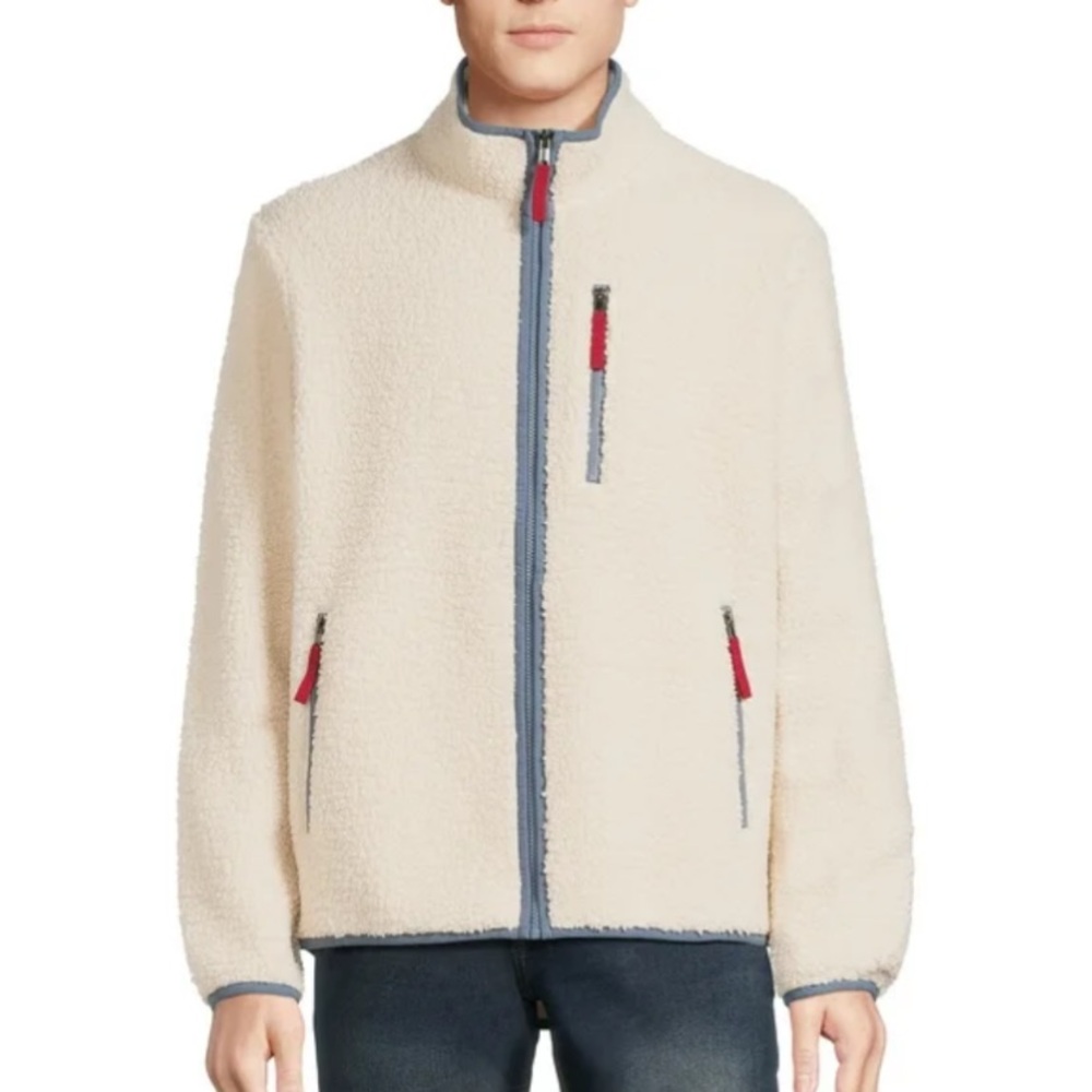 NWTS George Men's Zip Up Cream Sherpa Sweater with Red Accents